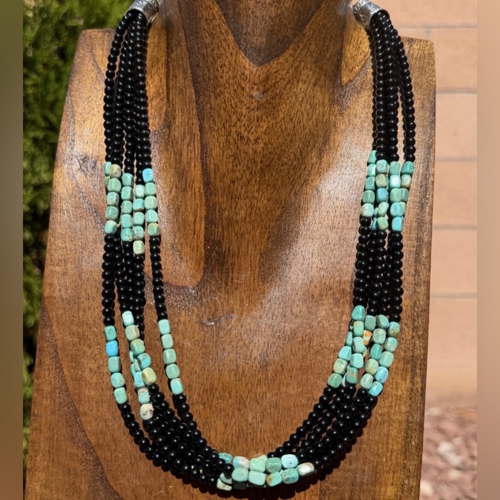 Sterling Silver Multi Strand Black Onyx Turquoise Bead Necklace. 22 Inch